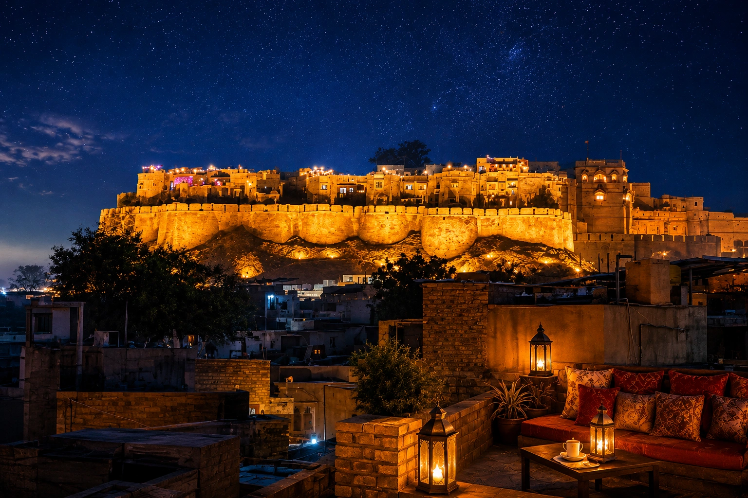 Jaisalmer Fort illuminated at night under a starry sky